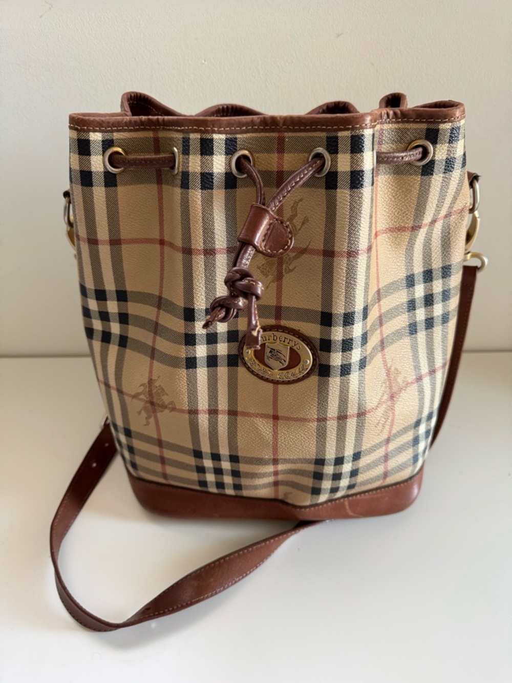 Burberry Beige Nova Check Drawstring Bucket Bag with Brown Trim